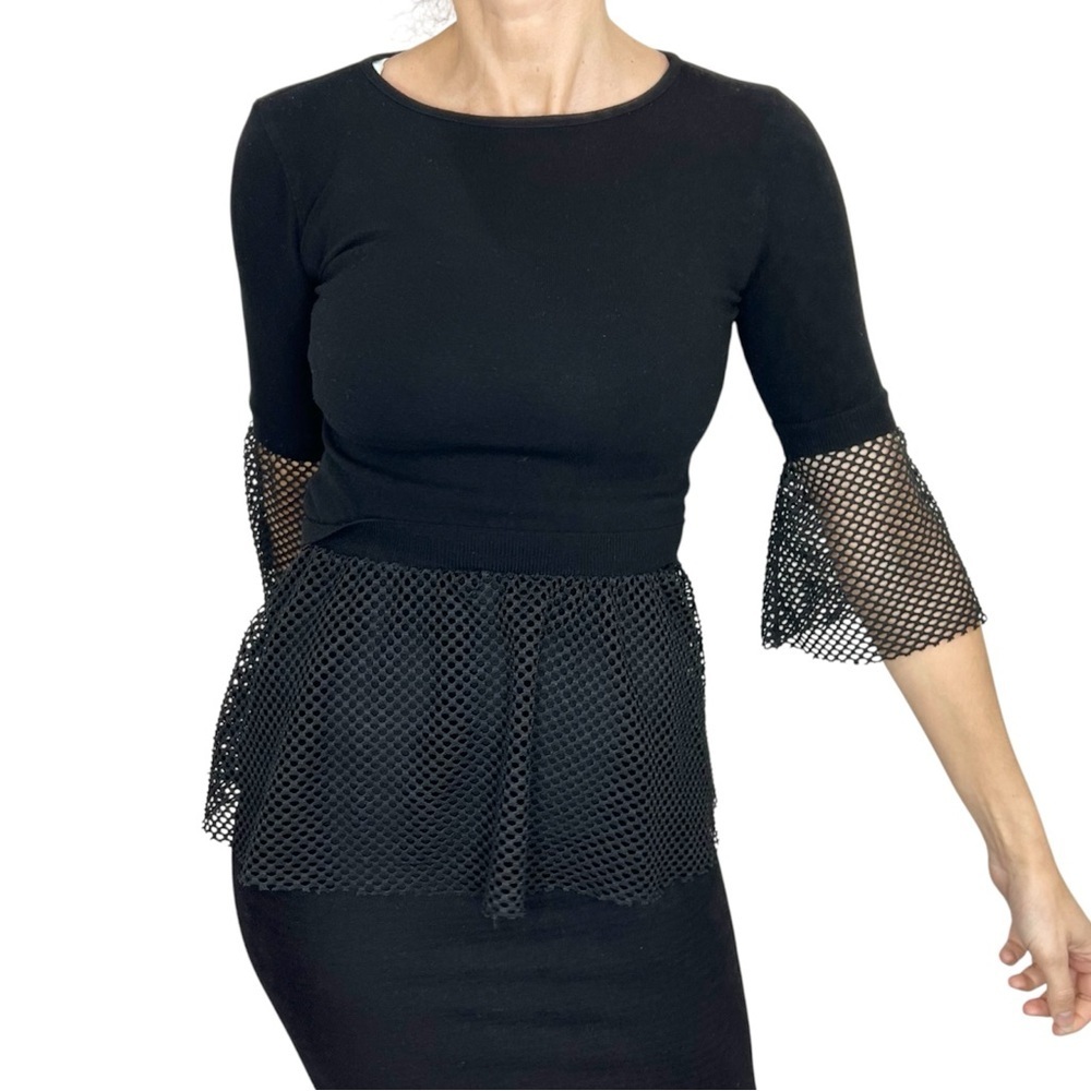 Toy G Italy black knit mesh peplum fitted 3/4 length sleeve top M